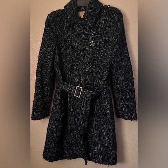 Michael Kors Tweed Buttoned Double-Breast‎ Buckle Belt Wool Blend Navy Women's 6 - Picture 1 of 10